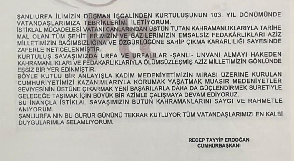 Cumhurbaşkanı Erdoğan'dan Şanlıurfa'nın kurtuluş gününü kutladı