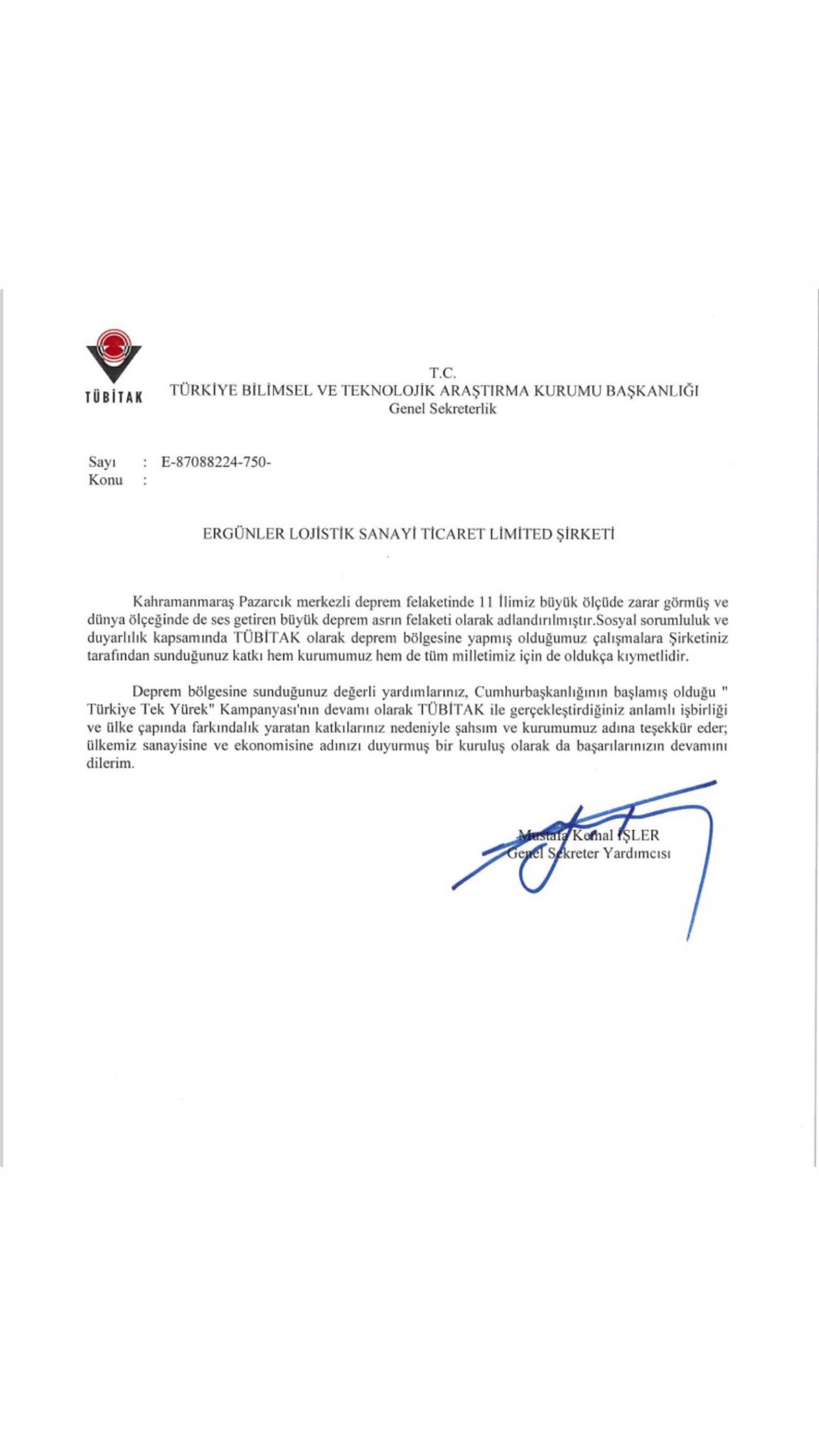 Depremde başarılı çalışmalarından dolayı TÜBİTAK’tan takdir yazısı