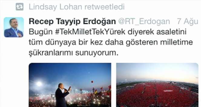 Lindsay Lohan Cumhurbaşkanı Erdoğanı retweetledi